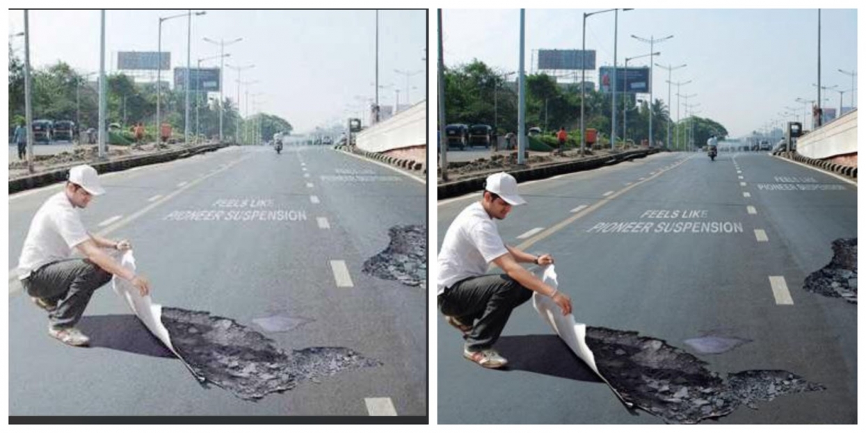 Image of a person putting a pothole sticker on the road sourced from dunyanews.tv article titled Photos of 'pothole stickers' on Canadian roads are fake, belong to an Indian advertising campaign. Sourced from dunyanews.tv