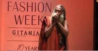 Sadhu walks on ramp in Indian fashion show 
