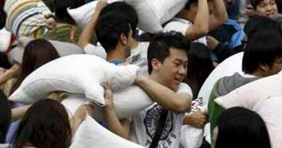 Feathers fly on International Pillow Fight Day 
