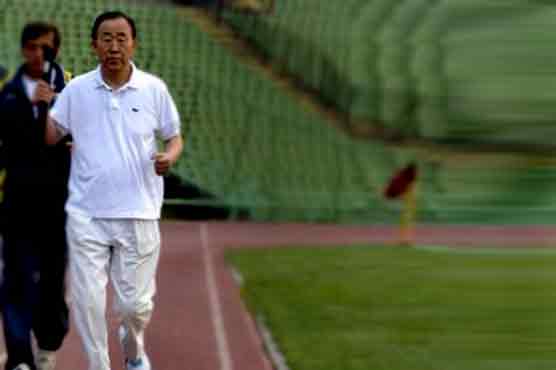 Ban Ki-moon runs at Sarajevo Olympic Stadium