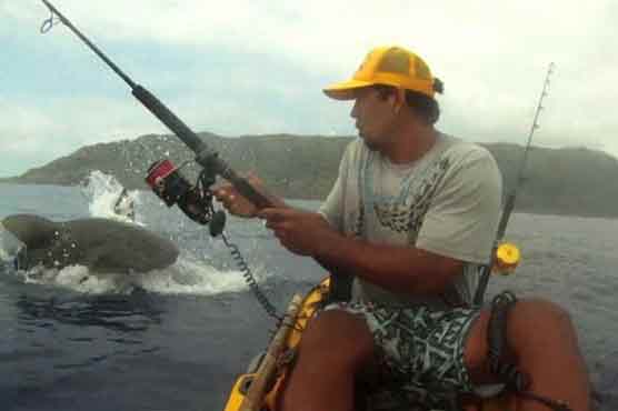 Hawaii fisherman gets up close with hungry shark