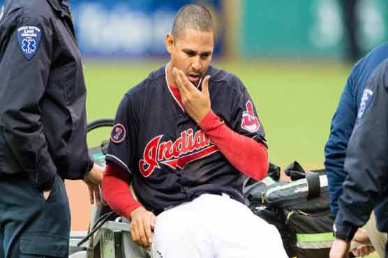 Baseball: Indians hurler Carrasco hit in face by line drive
