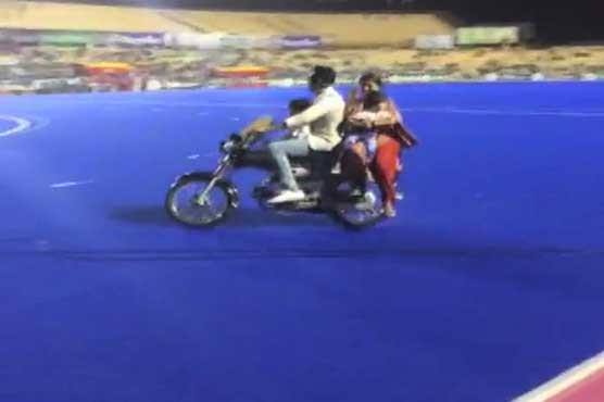 Expensive turf driven over with 15 motorcycles in Abdul Sattar Edhi Hockey Stadium