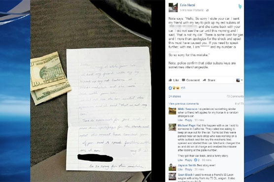 Accidental thief returns car with apology, gas money
