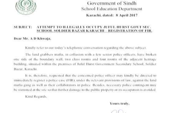 Demolition of school: Secretary schools writes letter to IG Sindh