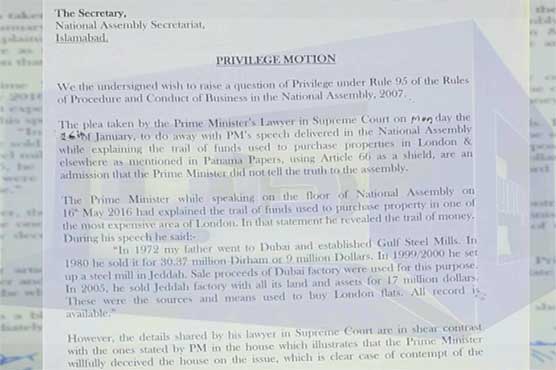 Opposition submits privilege motion against PM in NA