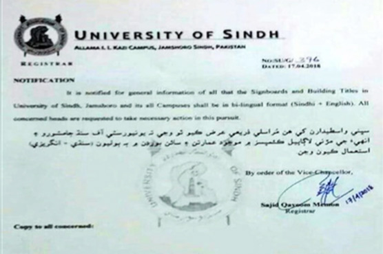 Sindh University stirs controversy over signboard language notification