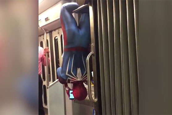 Spider-Man hangs out on Boston train