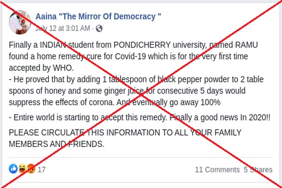 News of WHO approving Indian student's ginger juice 'COVID-19 remedy' is fake