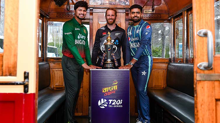 Babar unveils T20I tri-series trophy with NZ, Bangladesh captains