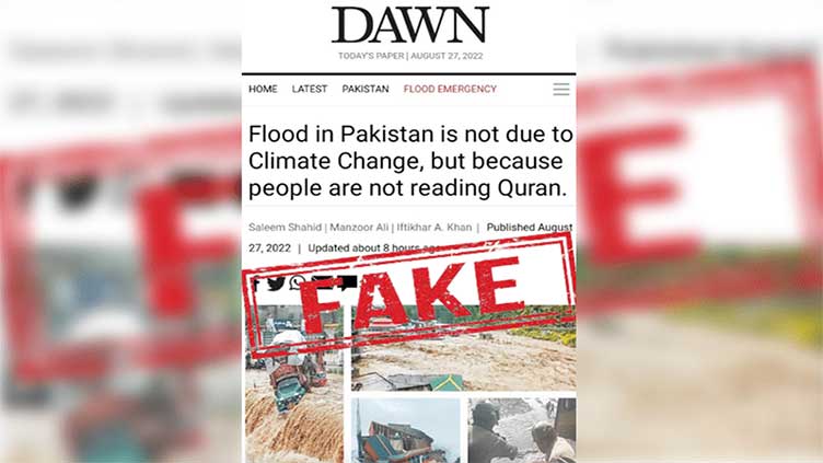 Pakistan's Dawn newspaper did not publish headline blaming floods on those who don't read the Quran