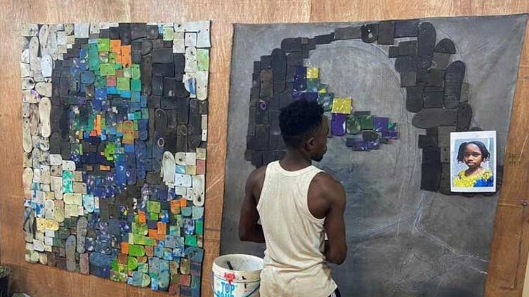 Nigerian artist turns plastic flip-flops into portraits