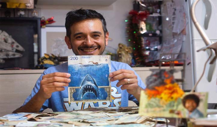 Argentine artist paints on inflation-hit bank notes