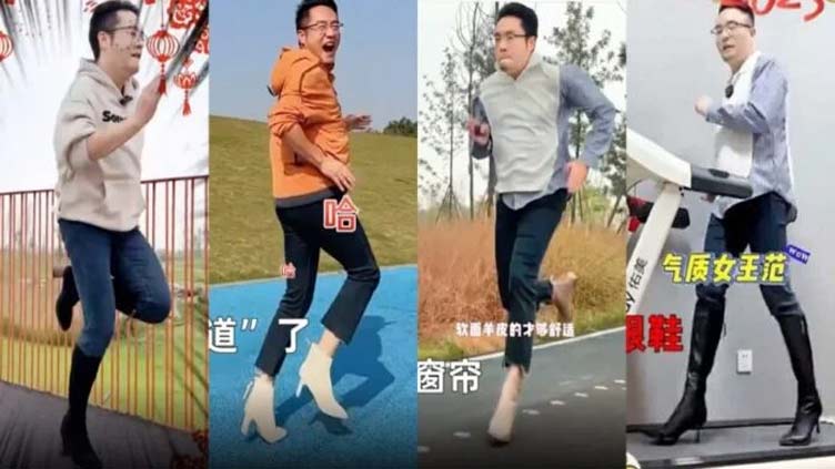 Man models his women's high heel footwear brand