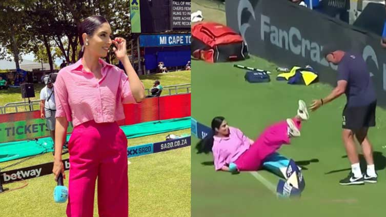 Presenter Zainab Abbas falls on boundary after fielder crashes into her in SA20