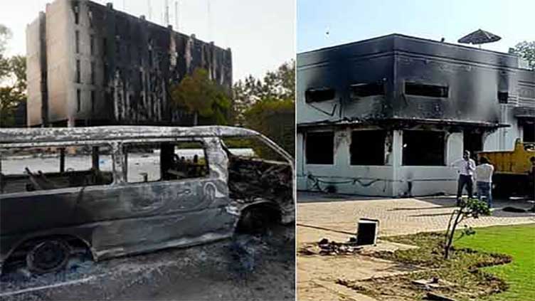 Which govt, private properties burned down during violent protests?
