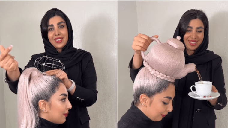 ایرانی ہیئر سٹائلسٹ نے ماڈل کے سر پر کیتلی سجا ڈالی، ویڈیو وائرل