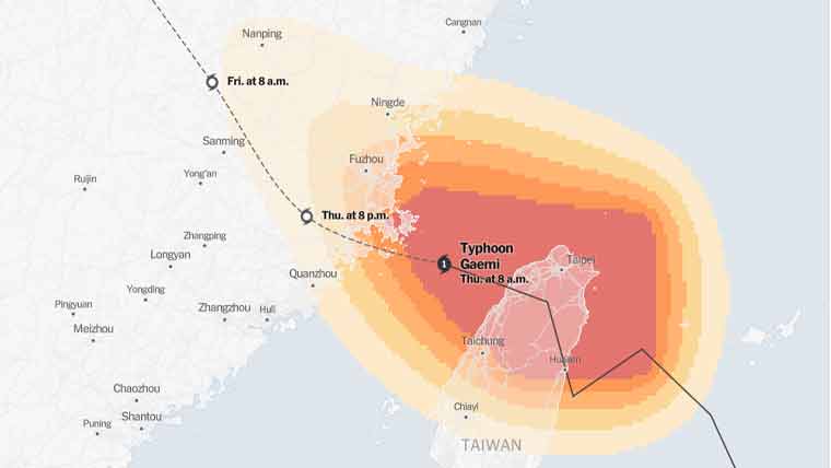 سمندری طوفان گیمی تائیوان میں تباہی مچانے کے بعد جنوبی چین کی طرف بڑھنے لگا