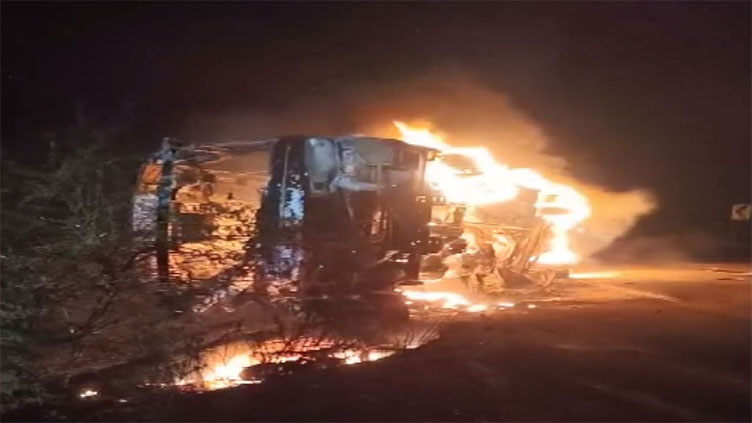 Three killed, 11 injured as coach catches fire in Lasbela