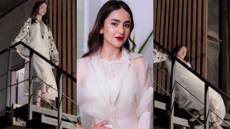 Fans shocked to see Yumna Zaidi falling off studio stairs
