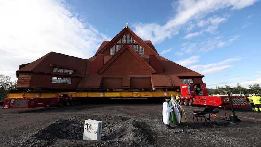 Wooden church sets off on slow Swedish road trip to escape mining subsidence