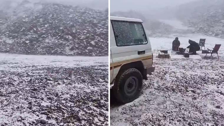 سعودی عرب کے تبوک ریجن کے اللوز پہاڑوں میں موسم سرما کی پہلی برف باری