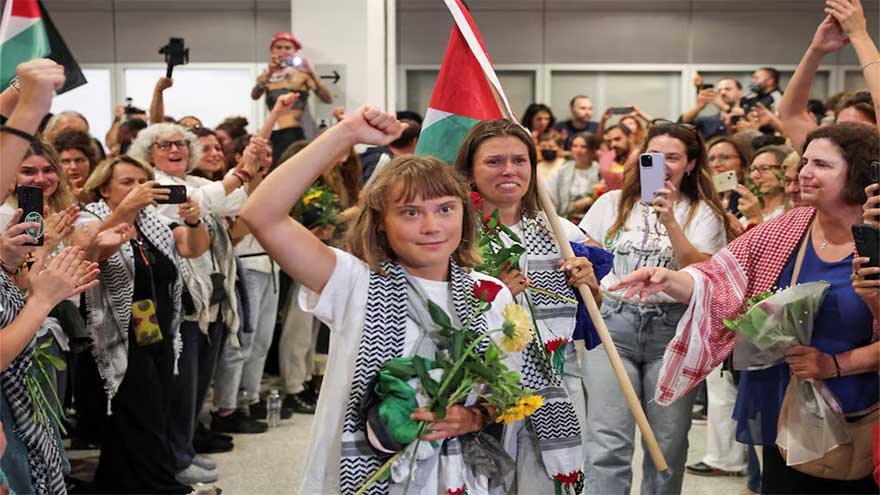 Thunberg greeted by cheering crowd in Athens after Israel expels flotilla activists