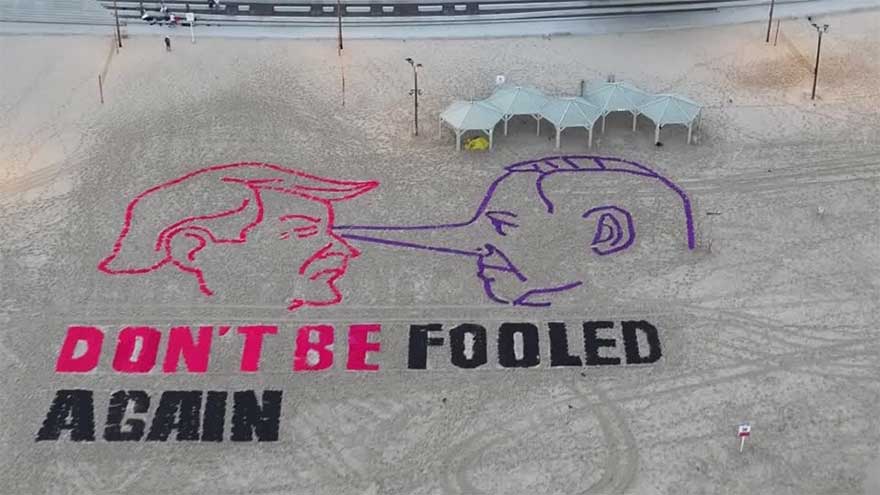 Drone footage of Tel Aviv beach installation depicts long-nosed Netanyahu and Trump
