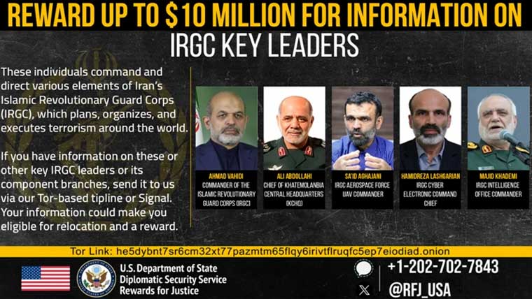 امریکا کی پاسدارانِ انقلاب کے عہدیداروں کی معلومات پر ایک کروڑ ڈالر انعام کی پیشکش
