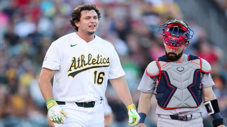 Athletics' Nick Kurtz exits after being hit by pitch vs. Red Sox