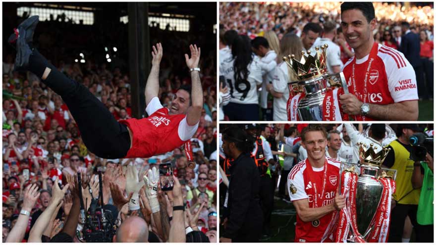 Arsenal lift Premier League trophy after beating Palace