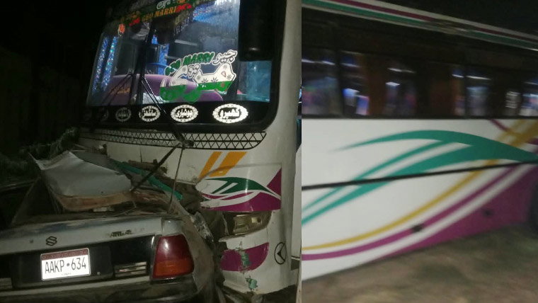 سانگھڑ: مسافر بس اور کار میں تصادم، بچے اور خاتون سمیت 4 افراد جاں بحق